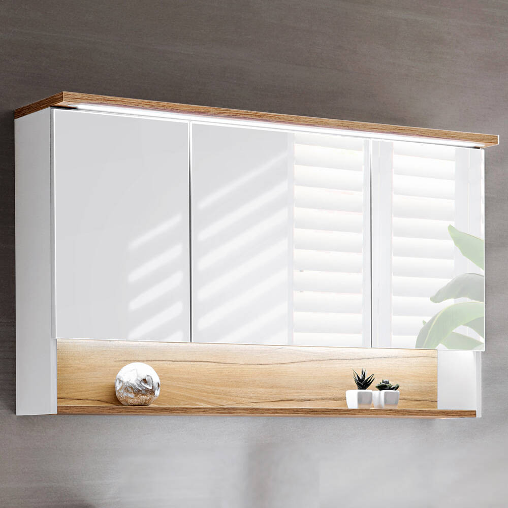 Badezimmer 120Cm Led-Spiegelschrank Bermuda-56 In Weiß Mit Wotaneicheb/H/T  120/69/25Cm with Badezimmer Spiegelschrank Weiß