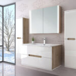 Badezimmermöbel Set Hochglanz Eiche Weiß Spiegelschrank Keramik Led 90 Cm within Badezimmer Schrank Set