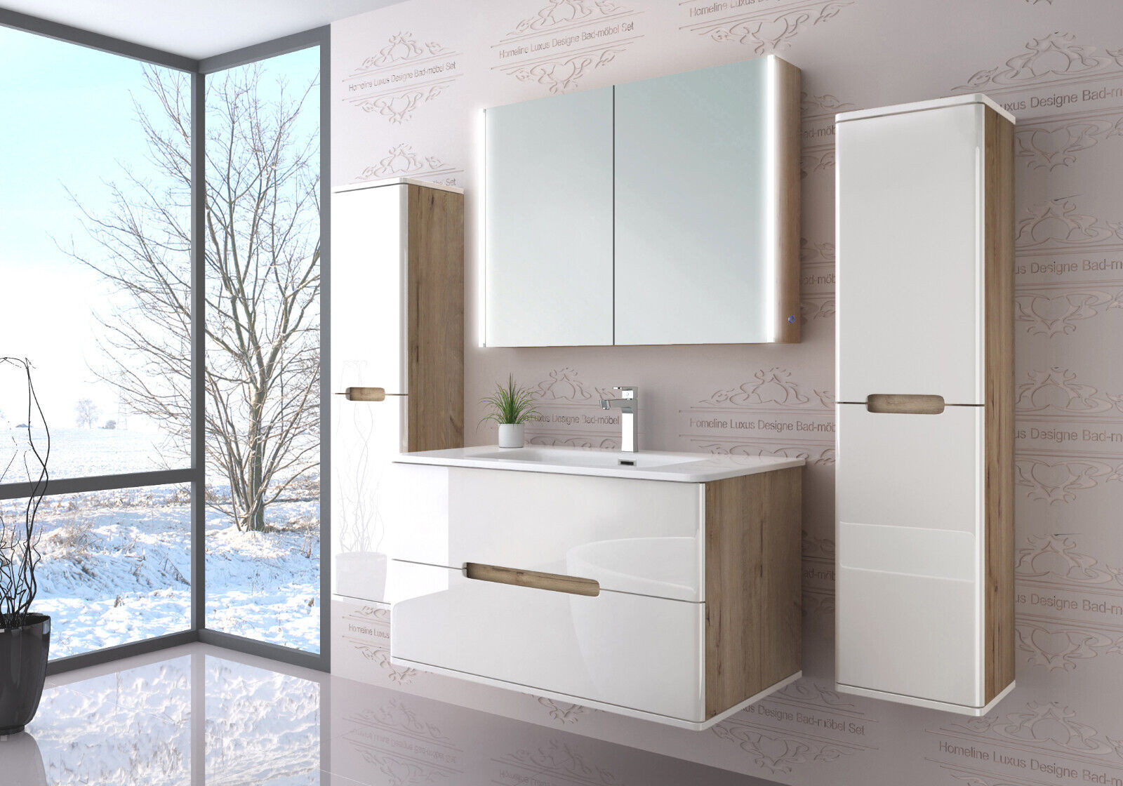 Badezimmermöbel Set Hochglanz Eiche Weiß Spiegelschrank Keramik Led 90 Cm within Badezimmer Schrank Set