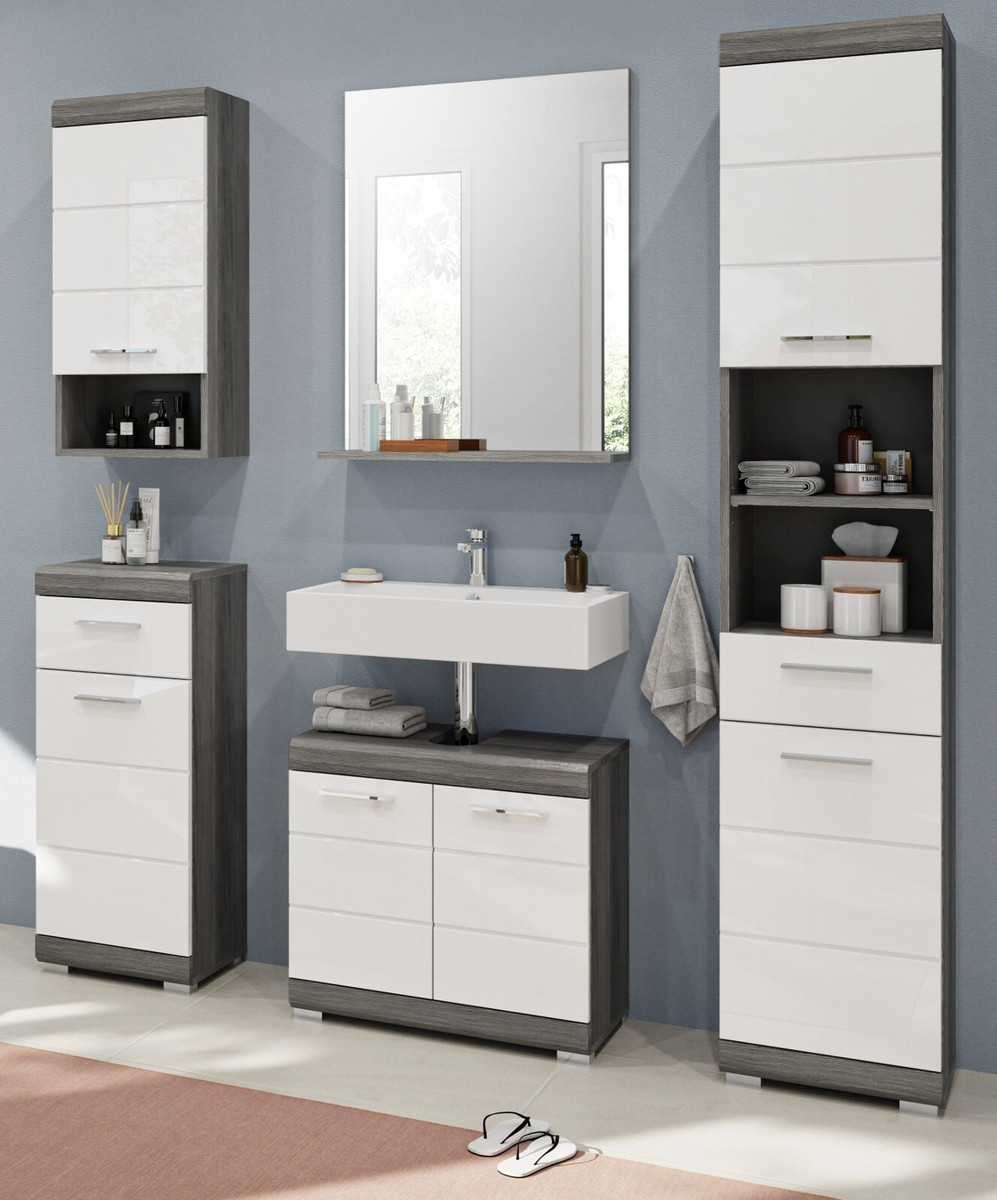 Badmöbel Set Badezimmer Komplett 5-Tlg. Weiß Hochglanz Grau Bad Möbelset  Shawn with Badezimmer Schrank Set
