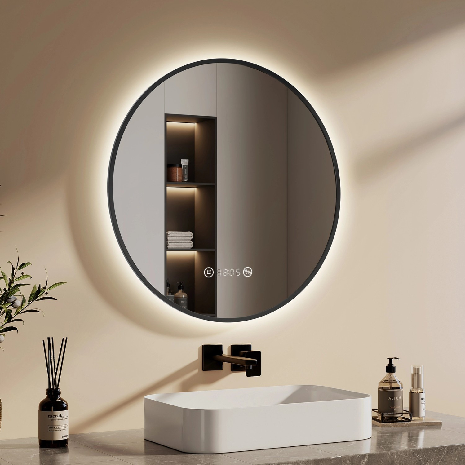 Emke Rund Led Badspiegel 70 Cm Spiegel Mit Beleuchtung Schwarzer  Antibeschlage Uhr Temperatur Dimmbar Neutrales Licht intended for Runder Spiegel Badezimmer