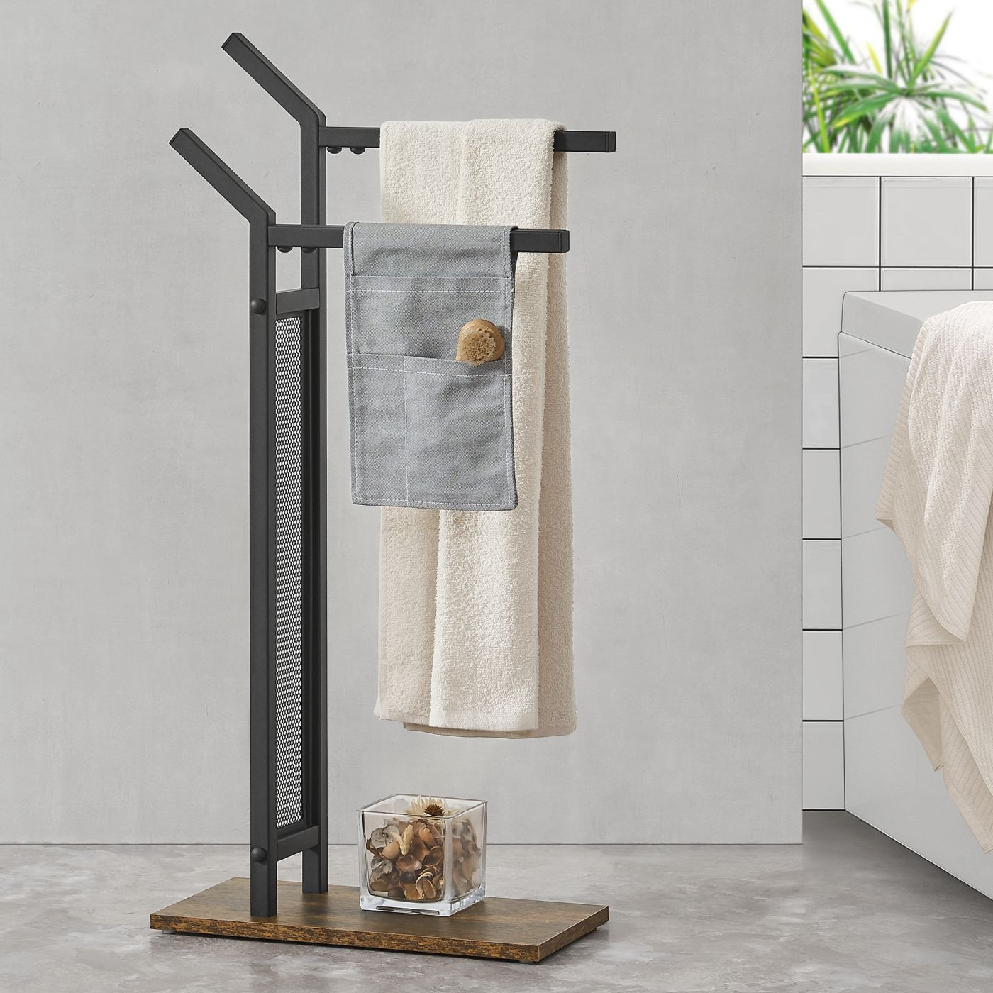 Handtuchhalter Telavi Stahl 88X40X20Cm Schwarz / Holz-Optik [En.casa] with regard to Badezimmer Handtuchhalter