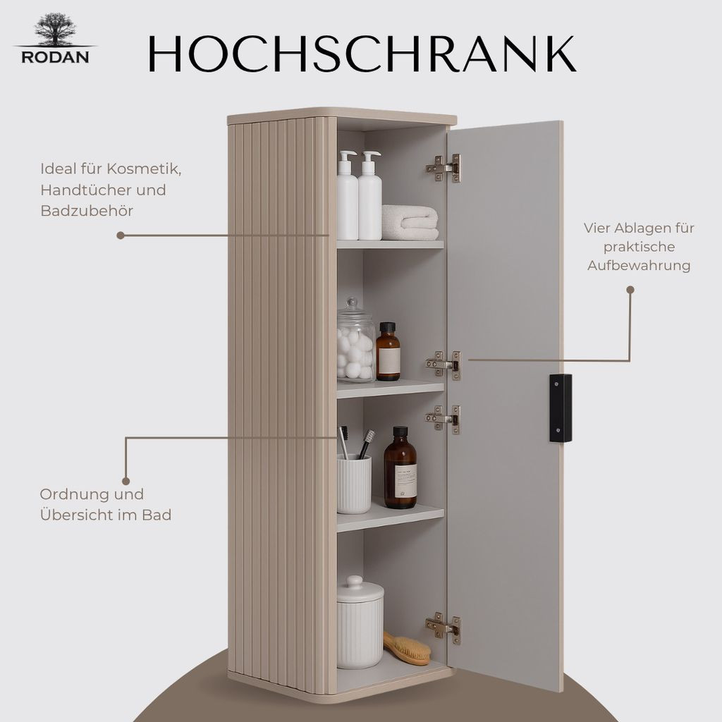 Rodan Badezimmer Hochschrank, Beige Kaschmir-Töne, 35,5 X 139 X 31,5 Cm,  Modern, Soft-Close, Geriffelte Fronten, Grifflos, Wechselbarer Türanschlag, for Badezimmer Hochschrank Roller