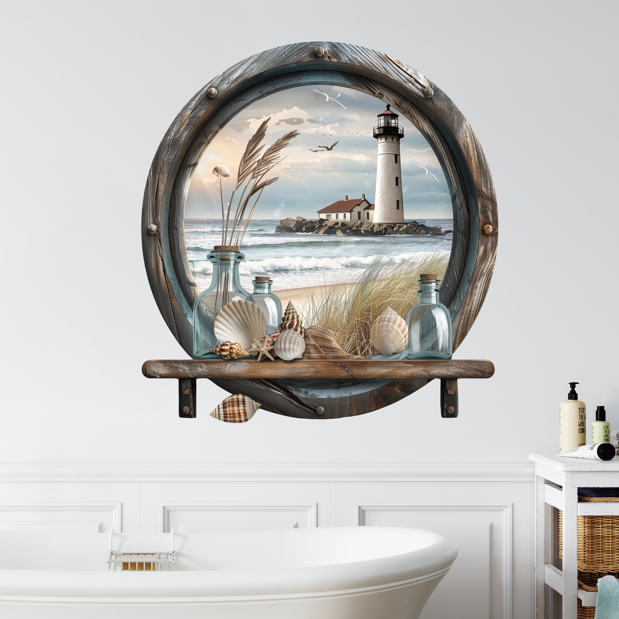 Wandtattoo Maritim Bad Fenster Leuchtturm in Wandtattoo Badezimmer